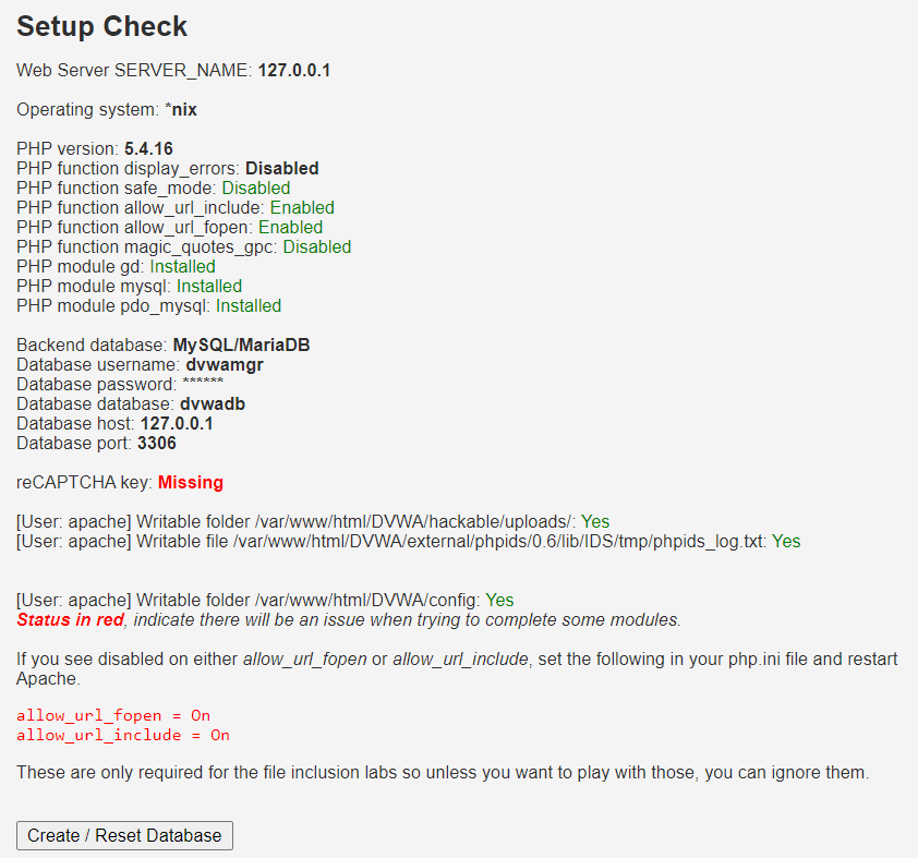 DVWA Server Check Screen